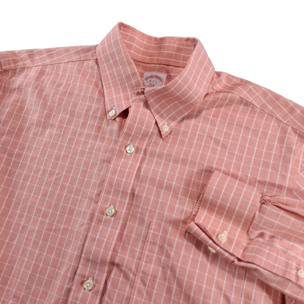 Brooks Brothers Button Down Shirt Mens 15.5 32/33 Orange Grid Non-Iron Cotton